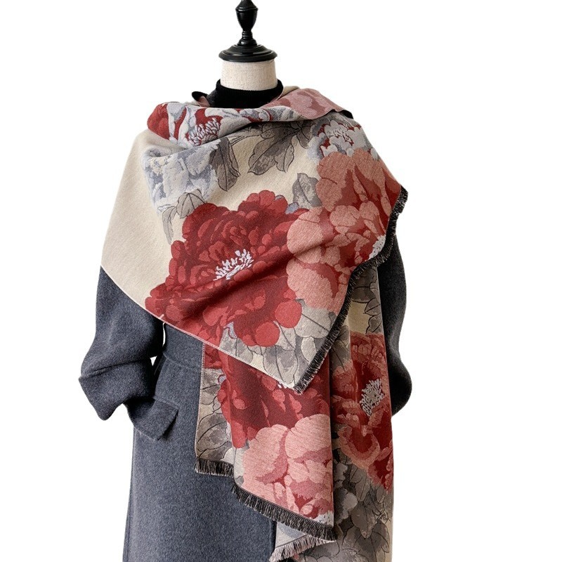 Vintage estilo nacional imita bufandas de cachemira elegante peonía corta barba larga chal cálido invierno grueso buñuelo