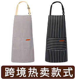 跨境外贸挂脖围裙定制logo印字条纹厨房烘培加宽加大餐饮围裙批发