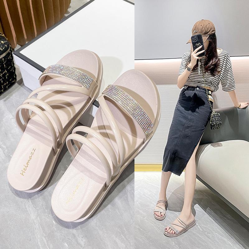 2 개 착용 한 단어 샌들 및 슬리퍼 여성 유행 라인스톤 실내 및 실외 여름 통기성 게으른 쇼핑 캐주얼 방수 샌들 및 슬리퍼