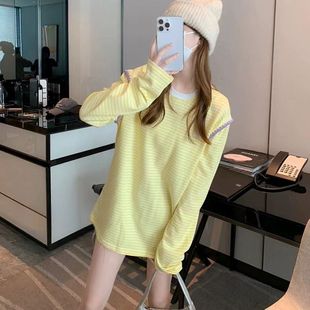 23Ader Shen Mengchen Striped Long-Sleeve T-Shirt for Women, Spring and Autumn Loose Trendy Brand Color-Block Base Shirt, Same Style as Shen Mengchen