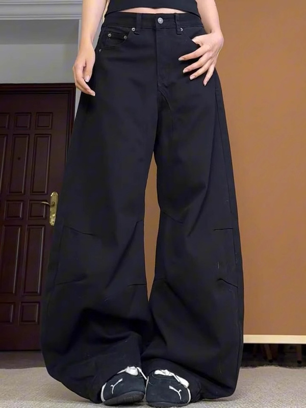 女性用ブラックワイドレッグジーンズ、春と秋の新しいスタイル、ファットmm、大きいサイズ、洋ナシ型ボディ、ルーズストレートレッグスリミングシミターパンツ|undefined