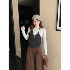 假两件撞色拼接长袖针织打底衫女秋季修身内搭设计感小众挂脖上衣