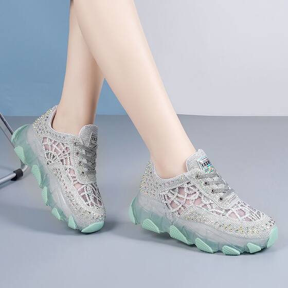 2024 Summer New Thick-soled Torre Shoes Women's Mesh Shoes Casual Breathable Thin Mesh Hollow Rhinestone Sports Sandals
