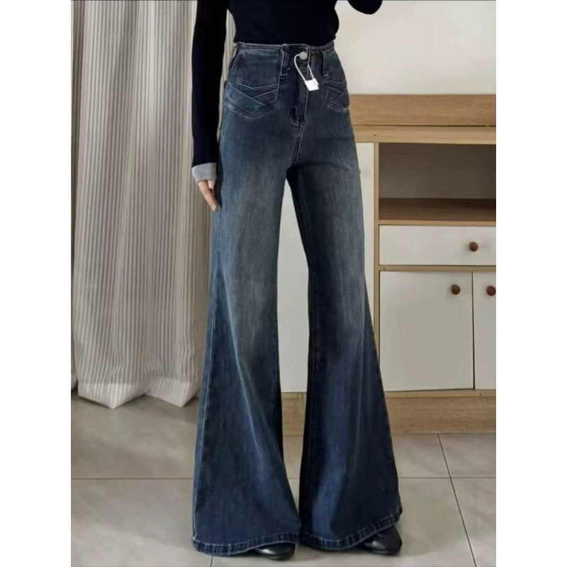 Расклешенные джинсы синего цвета в американском ретро-дизайне для миниатюрных женщин, новые утягивающие неэластичные универсальные длинные брюки с высокой талией.