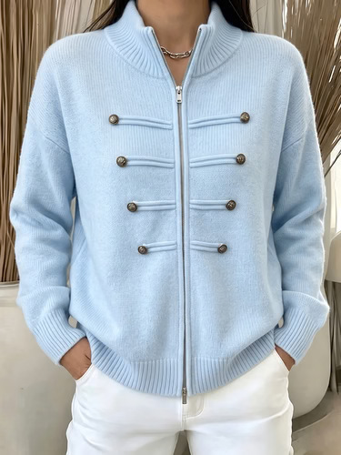Qadın retro iki düyməli, dik yaxalı fermuarlı trikotaj jaket