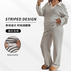 2025跨境欧美秋冬条纹翻领时尚针织宽松长袖上衣休闲长裤孕妇套装