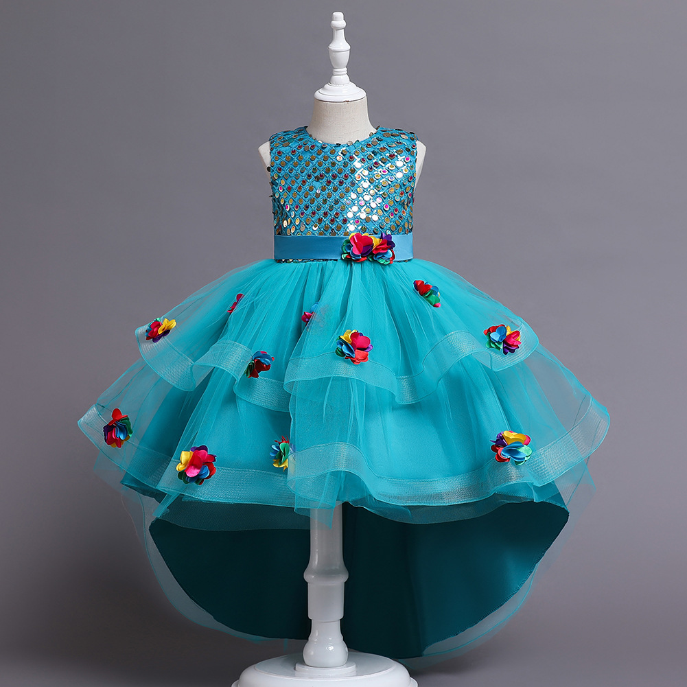 2022 europeos y americanos nuevos niños princesa vestido niñas malla flor chaleco trailing vestido piano rendimiento ropa
