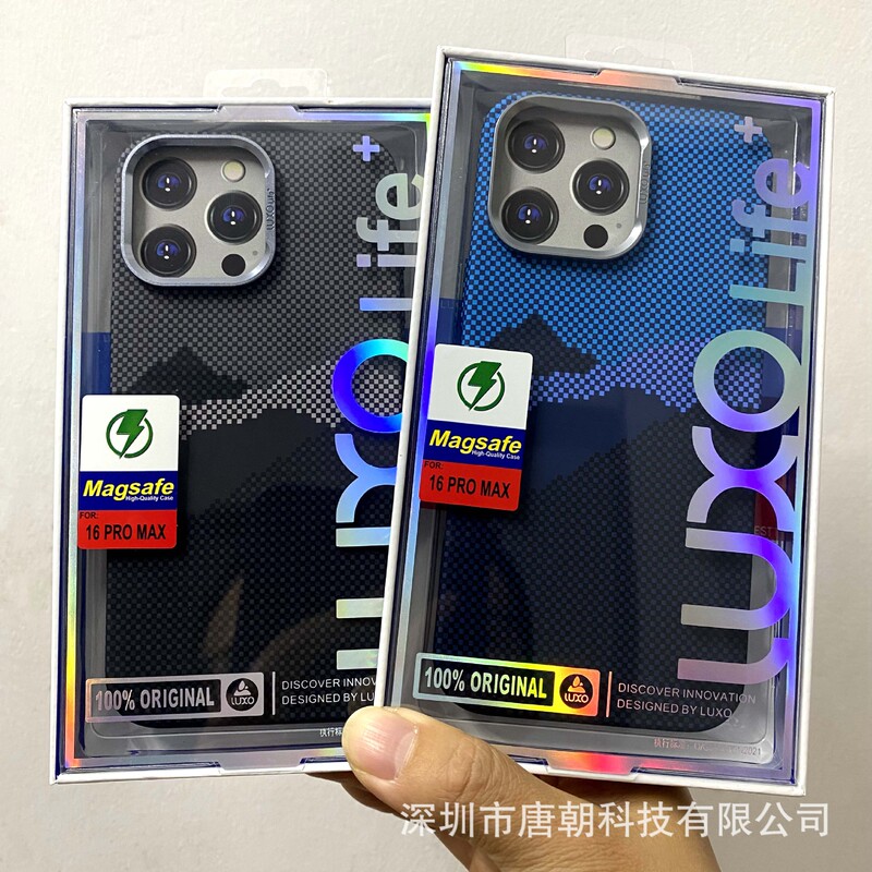 Luxo Box Magnetic Luminous Water Sticking Mountain Hard Case 16151413ProMax Embossed Metal Frame Phone Case