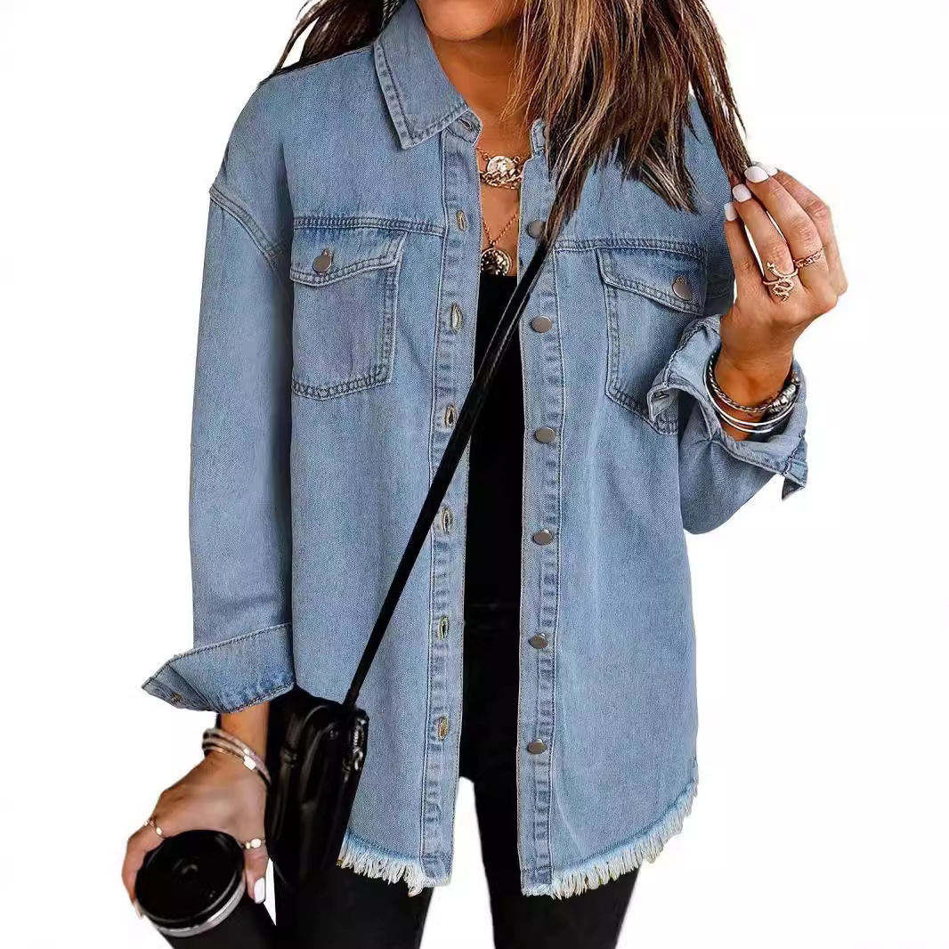 Giacca camicia in denim lavato da donna stile urbano casual_voghion.com