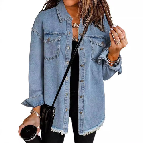 Cross-border New Washed Denim Shirt Jacket for Women—European and American Style, Autumn/Winter, Unique Streetwear, Frayed Hem, Women's Outerwear