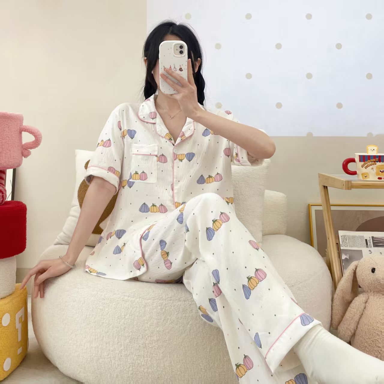 Comercio exterior al por mayor nubes de algodón de manga corta pantalones cardigans con la solapa pijamas de dibujos animados de mujer verano dulce ropa doméstica transfronteriza