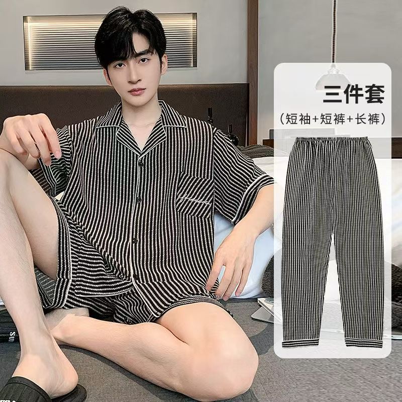 Men's Summer Pajamas Plus Size Short-Sleeved Trousers Thin Style Can Be Worn Outside Large Size Casual Simple Home Wear Three-Piece Set