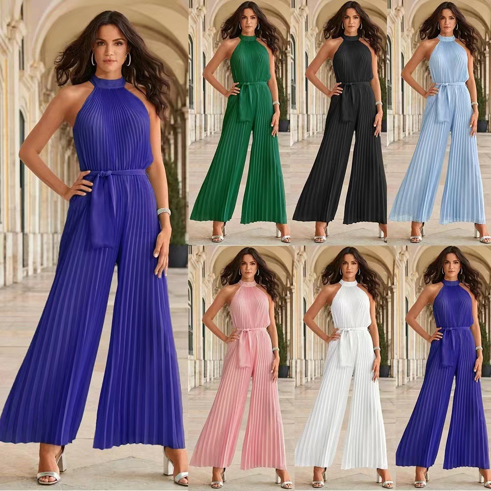 2022 pantalones de una pieza plisados sin mangas halter sexy de verano para mujer nueva, pantalones de pierna ancha plisados delgados con cordones