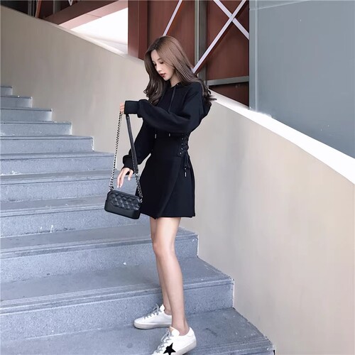 Stylish Fitted Waist Strap Long Sleeve Hooded Sweat Dress for Women, Casual Windy Spring and Autumn Design Sensory Dress for Petite Figures