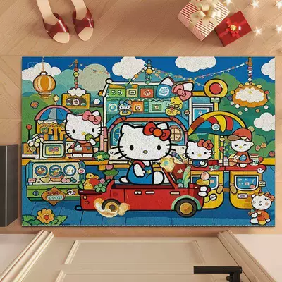 Avtomobil döşəmə paspasları – Wire Loop Mat for Entryway - hello-kitty-is-driving-a-red-car-down-the-street-4060cm-silk-circle
