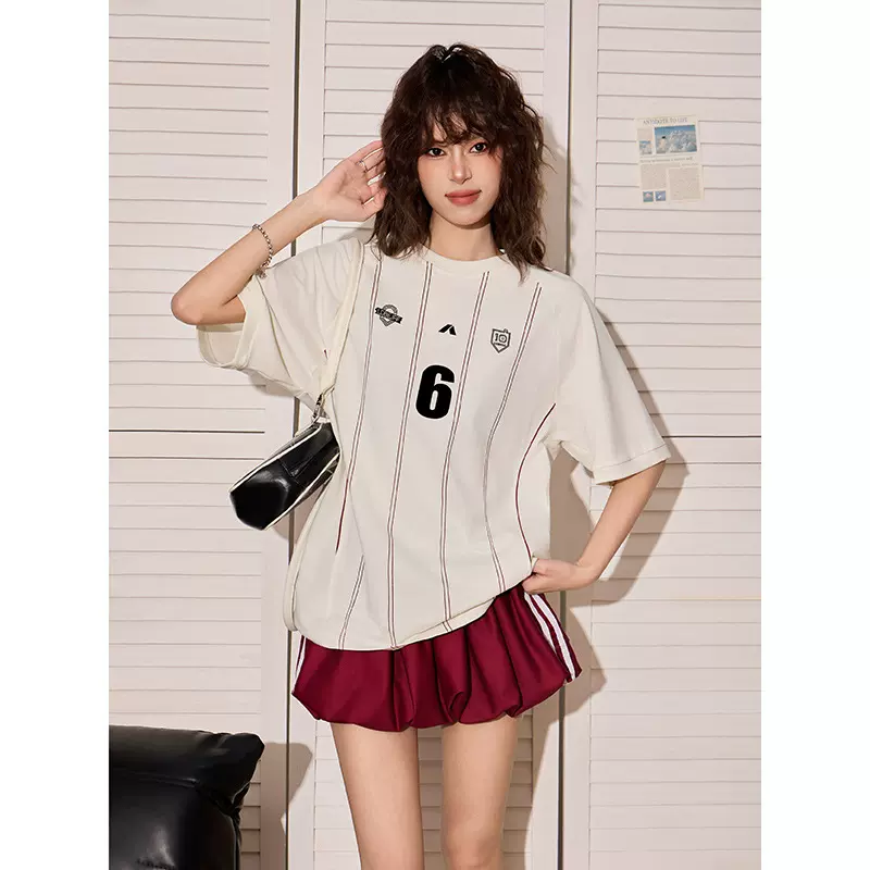 美式2025条字母肩短袖t恤女夏季新款宽松显瘦设计感运动球衣上衣