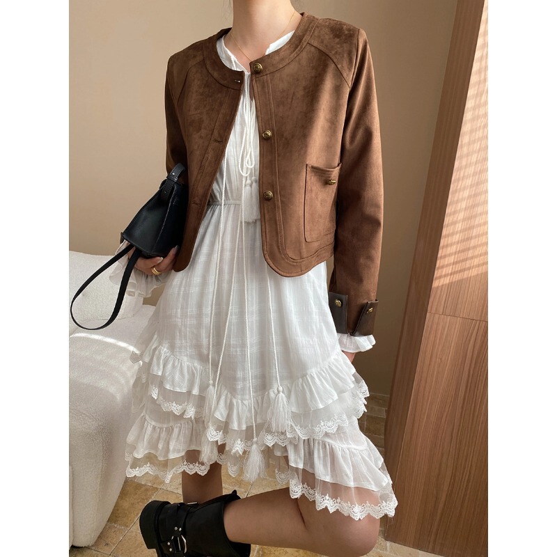 Sinan Early Autumn New Style Retro Elegant Imitation Suede Round Neck Gold Button Jacket for Small People Sn7092