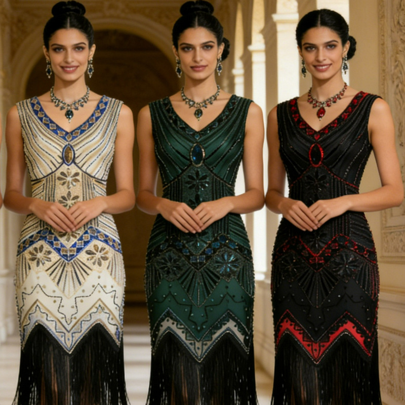 1920S Retro Sequined Beaded Dress, Front and Back V-Neck Tassel Gown, Aliexpress Amazon Cross-Border Evening Dress for Women 1920S Retro Sequined Beaded Dress, Front and Back V-Neck Tassel Gown, Aliexpress Amazon Cross-Border Evening Dress for Women