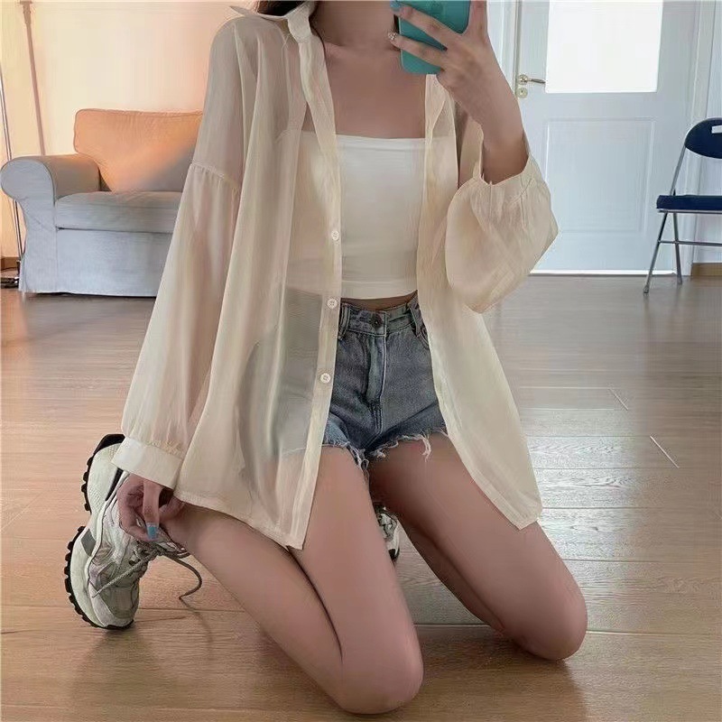 Hilo de perlas de diseño delgado micro-transparente de manga larga abrigo protección solar camisa Alibaba red al por mayor 1688