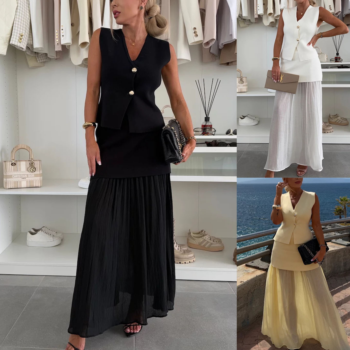 140g Weight Sleeveless Sleeve Length Polyester Fabric Type Skirt Co-ord Set Sets Type 2 Pieces Set Quantity Daily, Street Occasion V Neck Neckline Slim Fit Type Solid Color Pattern Summer Season Women's Gender Elegant, Simple Style Style Daily Street Women's Elegant Simple Style Solid Color Polyester Skirt Co-ord Set Skirt Sets 无