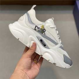 广州货欧洲站百搭新款运动老爹真皮拼接运动鞋网面透气休闲板鞋男