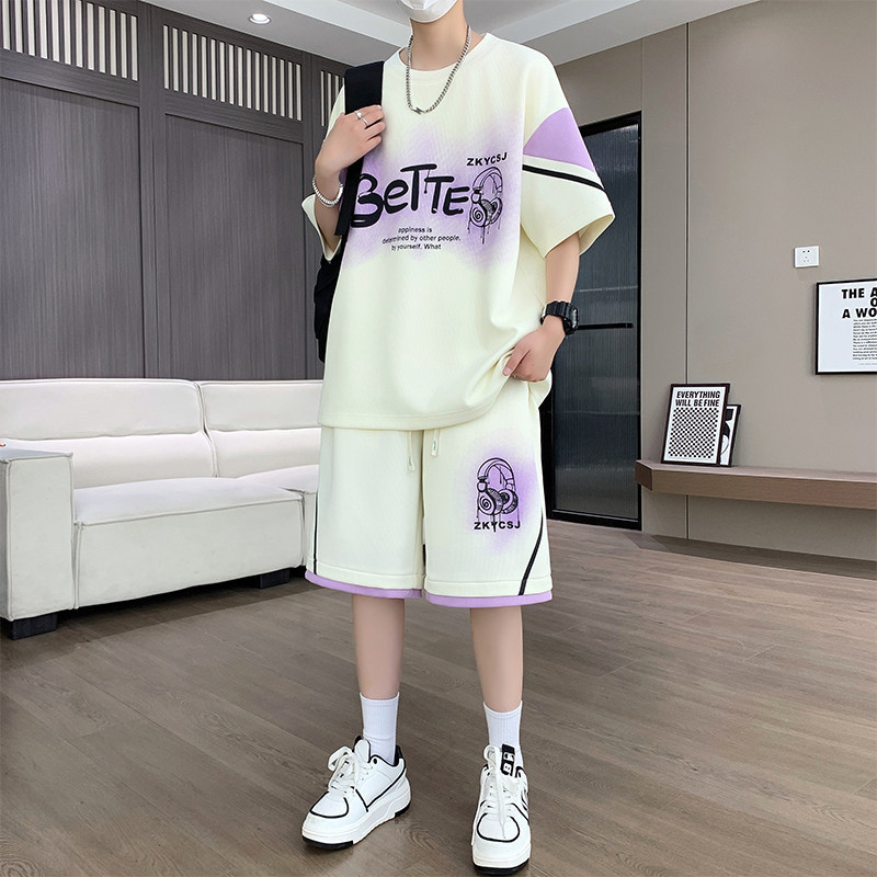Ice Silk Sports Suit for Men, Summer Loose Fit, Large Size, Casual Short-Sleeved Shorts, Men's Outfit, Stylish Two-Piece Set