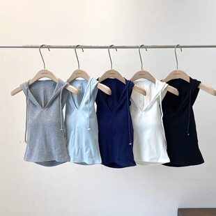 Autumn design tank top with hood sleevless, American style, drawstring, trend of season