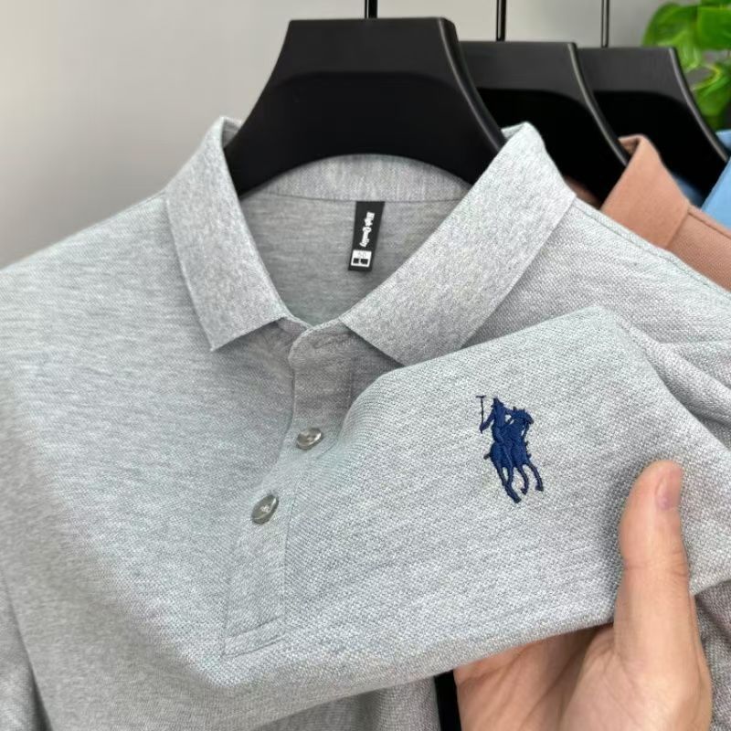 100% Cotton Short-Sleeved T-Shirt Men's Lapel Casual Pure Color Embroider Summer New Middle-Aged Dad Tops Trendy