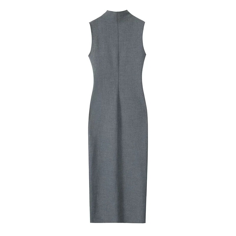 Summer new European and American cross-border fashion solid color stand collar sleeveless stitching trim slim slim straight dress wholesale Summer new European and American cross-border fashion solid color stand collar sleeveless stitching trim slim slim straight dress wholesale