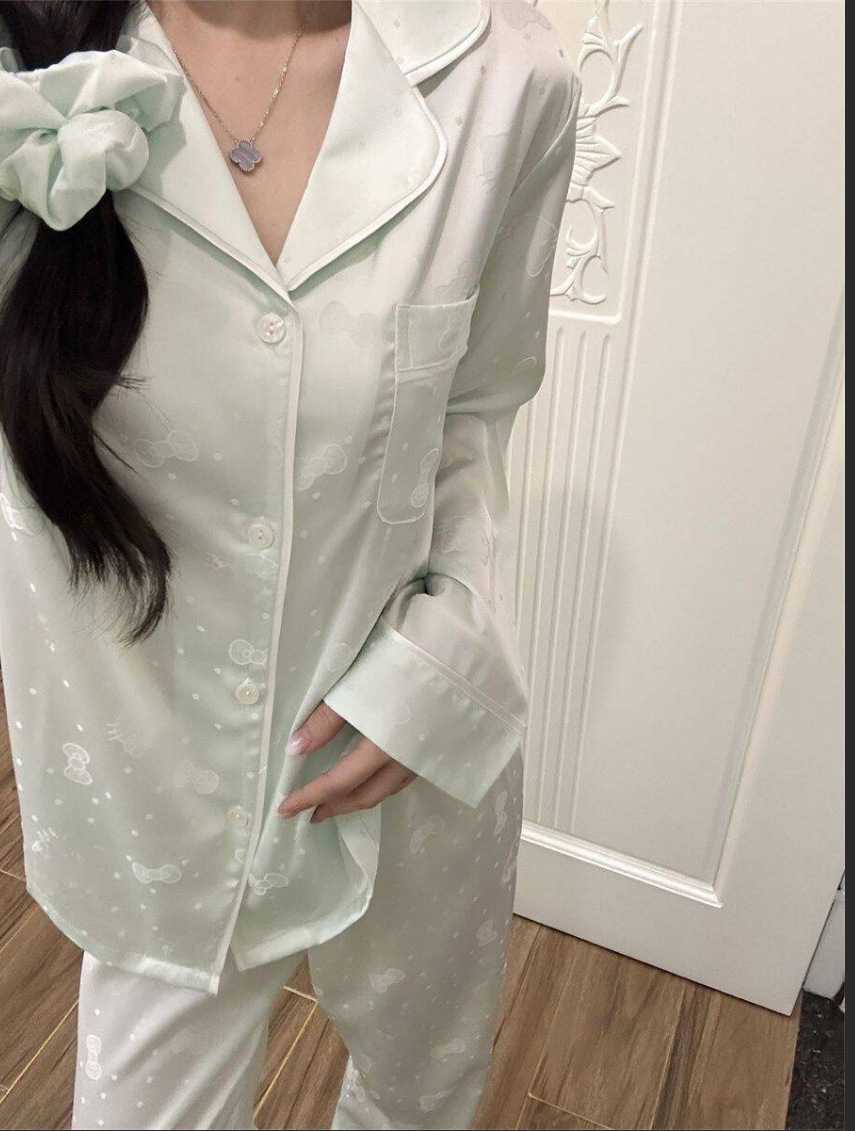 아이스 실크 폴카 도트 고양이 더블 롱 그린