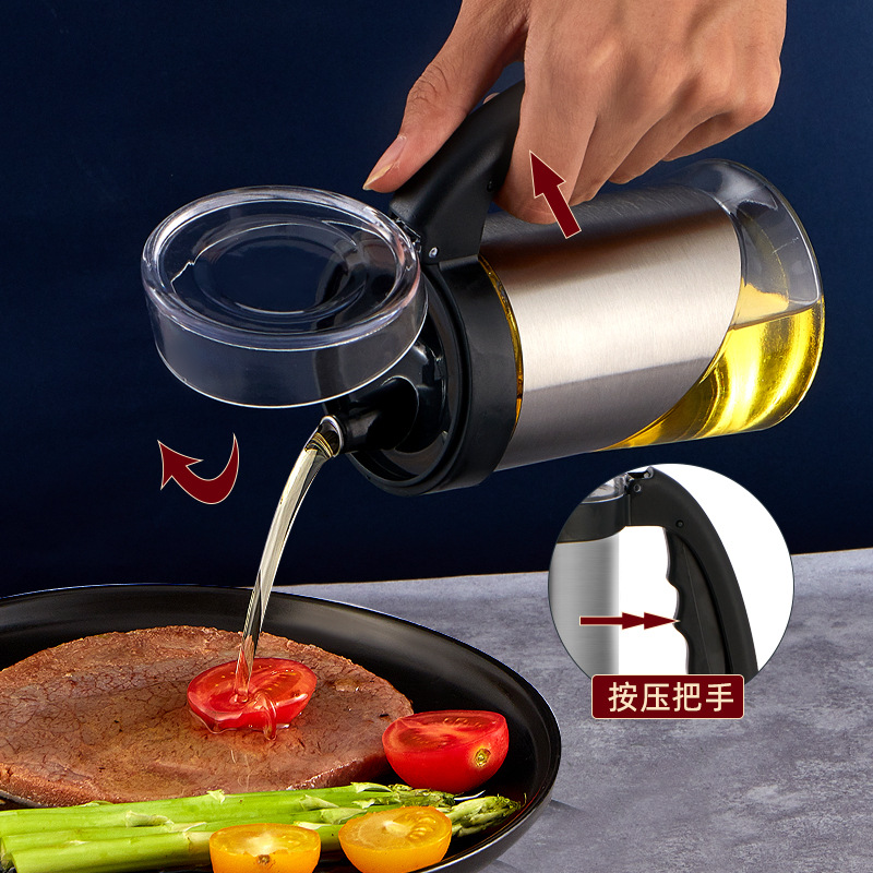 Automatic Open-Close Oil Bottle, Large-Capacity Glass Oil Canister, Stainless Steel Seasoning Jar, Salt Shaker, Condiment Bottle for Soy Sauce, Vinegar, and Spices
