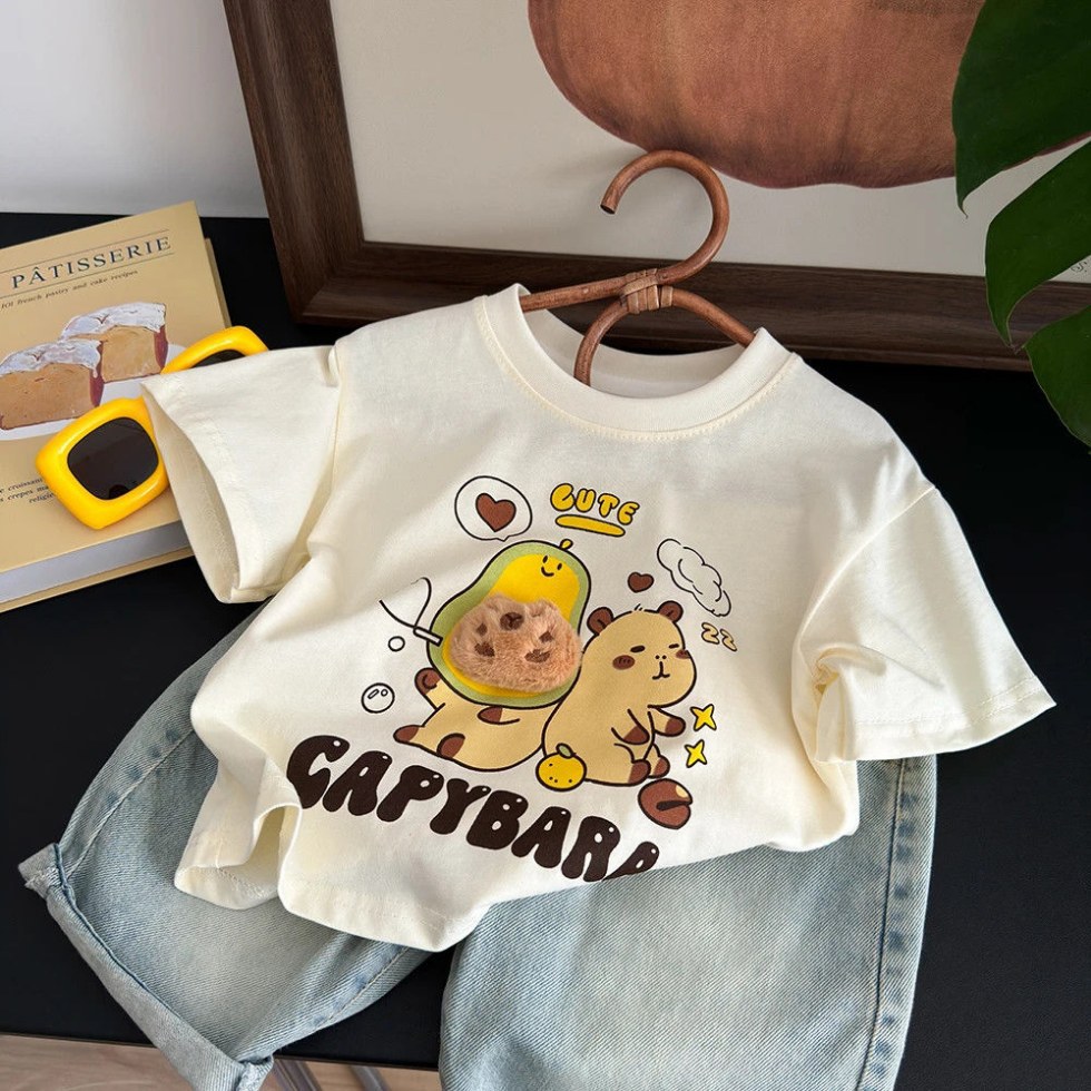 [Parent-Kidsren's Short-Sleeved Doll] Pure Cotton Kidsren's Short-Sleeved T-Shirt Summer Loose Korean Style Cartoon Top Fashionable Outer Wear