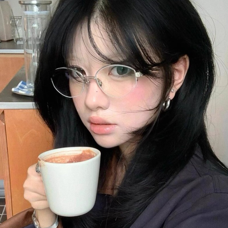 老钱风半框眼镜近视女可配度数高级感椭圆格雷系金丝素颜眼睛框架|undefined