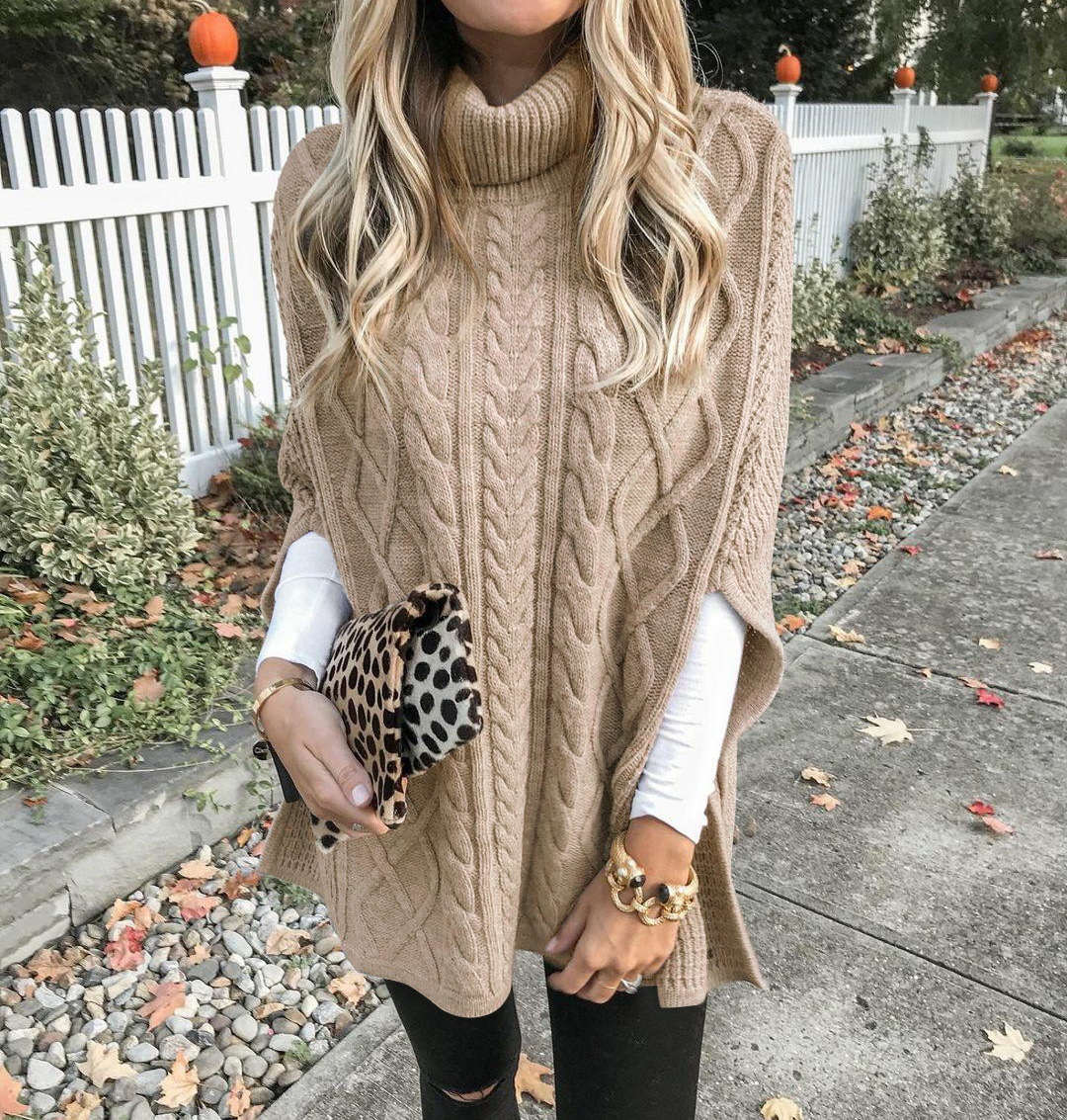 Europa y los Estados Unidos comercio exterior transfronterizo otoño y invierno nuevo estilo de cuello alto color sólido callejero hipster suéter de moda suelta de moda de mujer tela de punto chal image 10