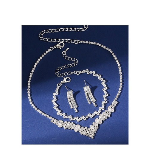 European and American fashion rhinestone full diamond necklace earrings bracelet set Amazon full diamond claw chain rhinestone three-piece set