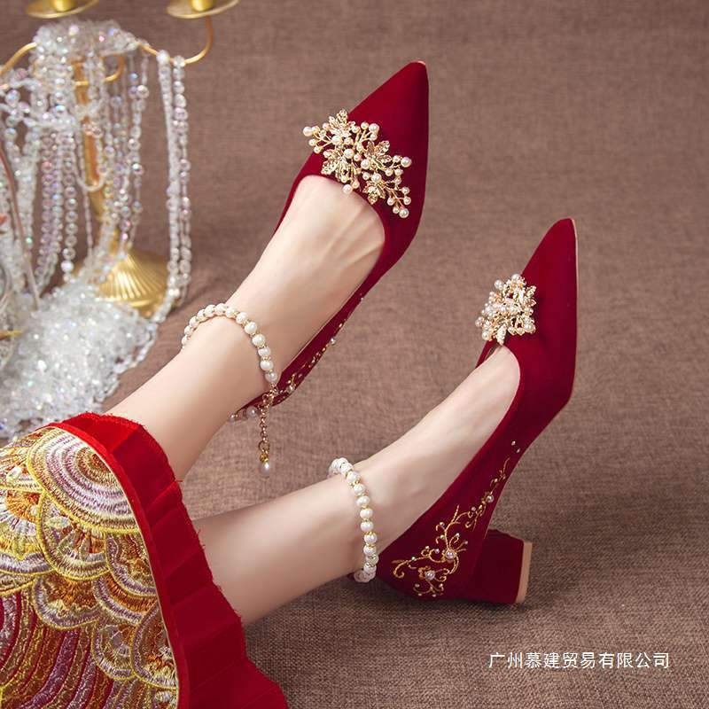 婚鞋女2025年春秋新款粗跟不累脚高跟鞋结婚孕妇红色新娘鞋秀禾鞋|undefined