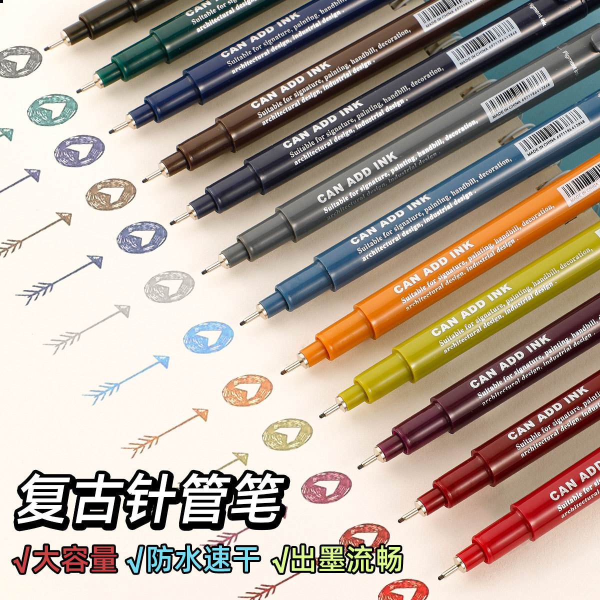 Guangna 8080 Water-Based Colored Needle Tip Pen Set, Vintage Color Hand-Drawing Pens, Graffiti Outlining Pens, Drawing Pens, and Outlining Pens