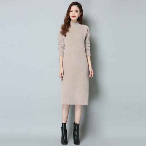Autumn and winter new arrival: semi-high-neck faux mink velvet elegant dress—plush mid-length bottoming shirt, trendy and stylish.