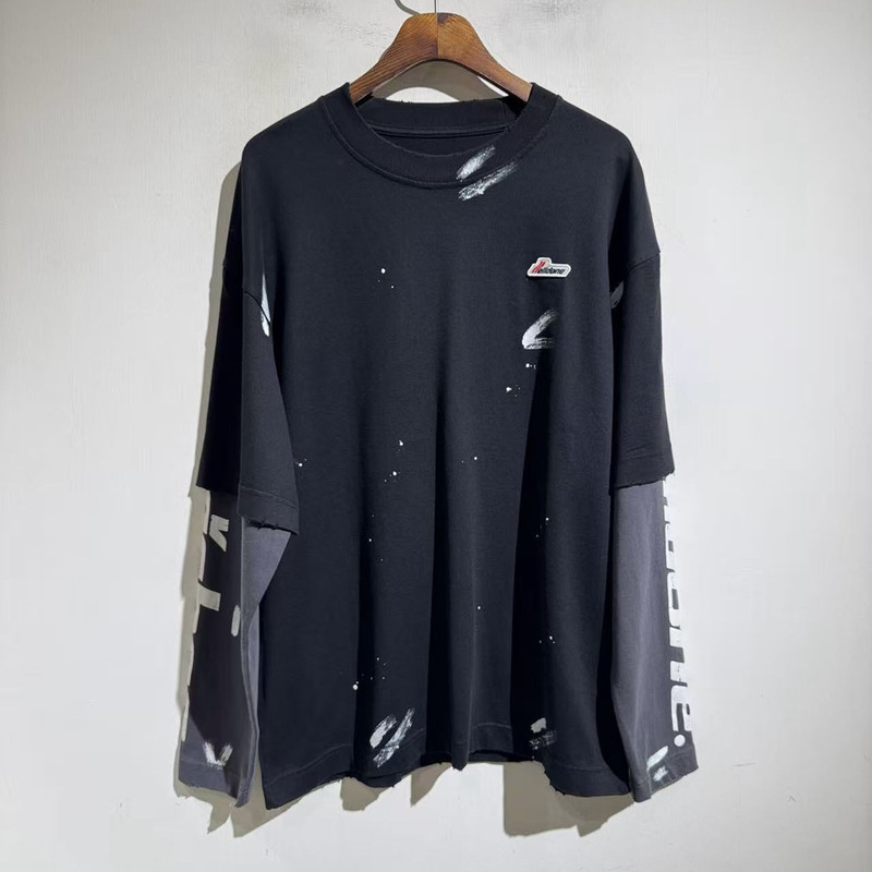 American Street Style 25Aw Handmade Paint Splash Round Neck Long-Sleeved T-Shirt Spliced ​​With Old Loose Os Men's and Women's Trendy Brand Tee