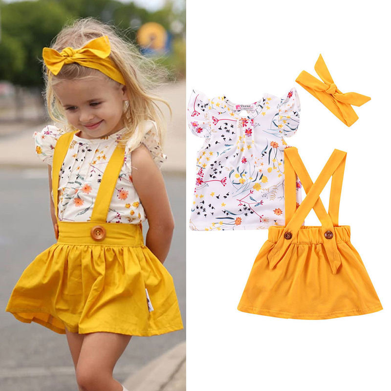 Children's European And American Fashion Suspender Skirt Outfit Printing Baby Three-piece Set Spot Cross-border Wholesale display picture 1