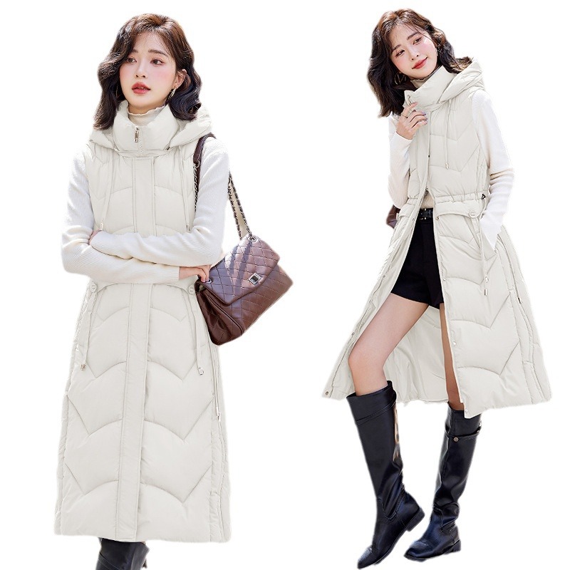 Otoño y invierno 2025 nuevo chaleco de algodón de pluma para mujeres medianas y largas delgadas cintura delgada de moda de algodón abrazadera de hombro chaqueta