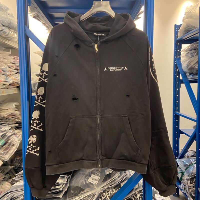 Graliz Learl Project Skull Stitching Washed Distressed Hole Zipper Hooded Sweatshirt Jacket