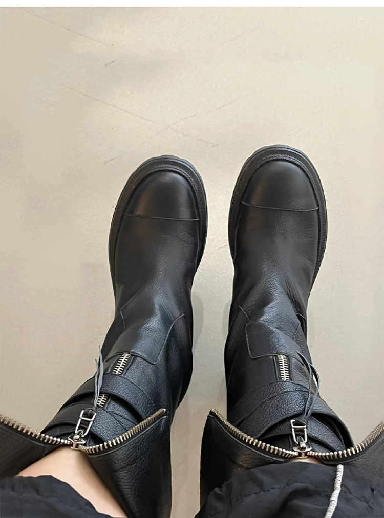 Women's Martin Boots, Made Of Genuine Leather, Knee-high Design, With Belt Buckles, Thick Soles, Suitable For Motorcycle Riding, High-top Style._voghion.com