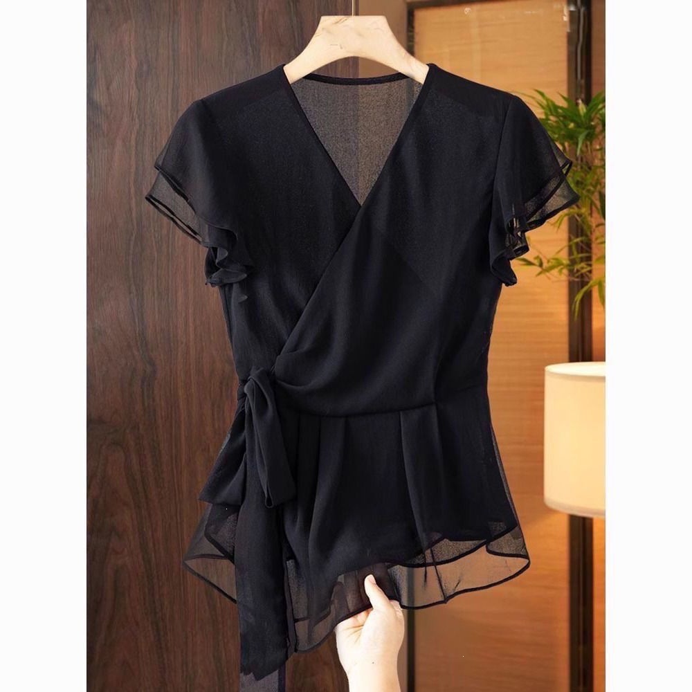 French collar ruffled thin strap waist-cinching blouse for women, new summer design, chiffon top with small flutter sleeves.