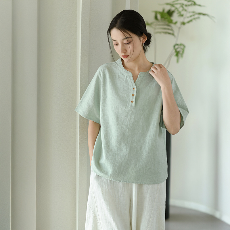 Deer & an Di Summer New Cotton and Linen Women's Clothing Ramie Cotton V-Neck Short-Sleeve T-Shirt for Women, Loose and Breathable Commuter Top Deer & an Di Summer New Cotton and Linen Women's Clothing Ramie Cotton V-Neck Short-Sleeve T-Shirt for Women, Loose and Breathable Commuter Top