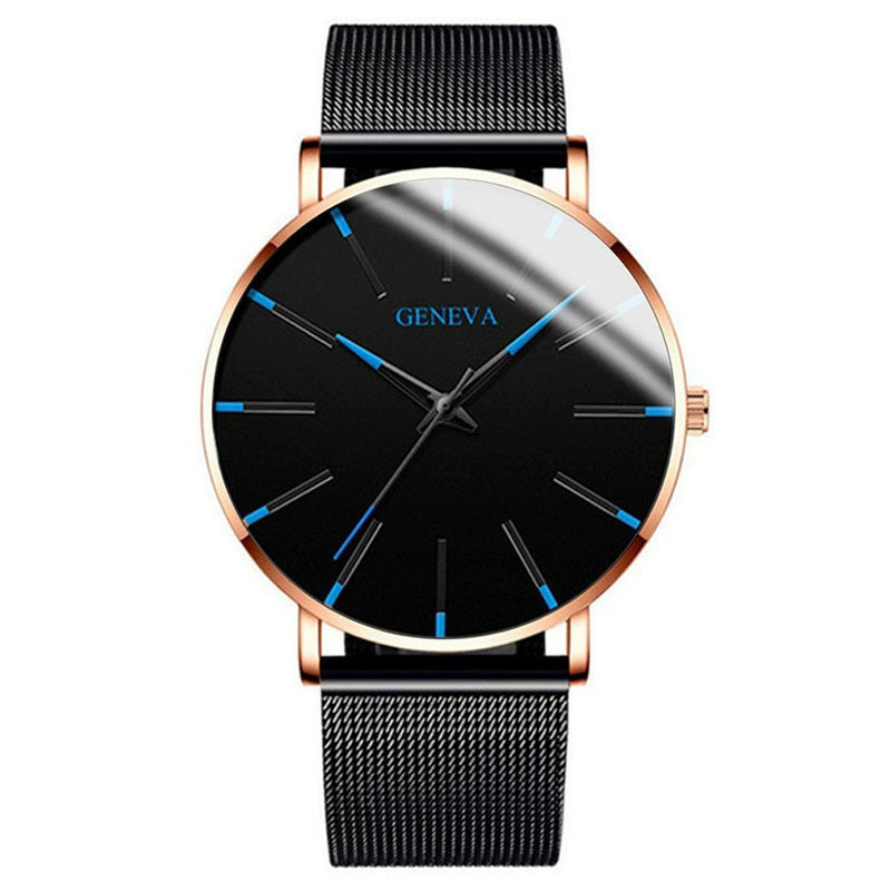 Rose gold case, blue dial, black mesh strap