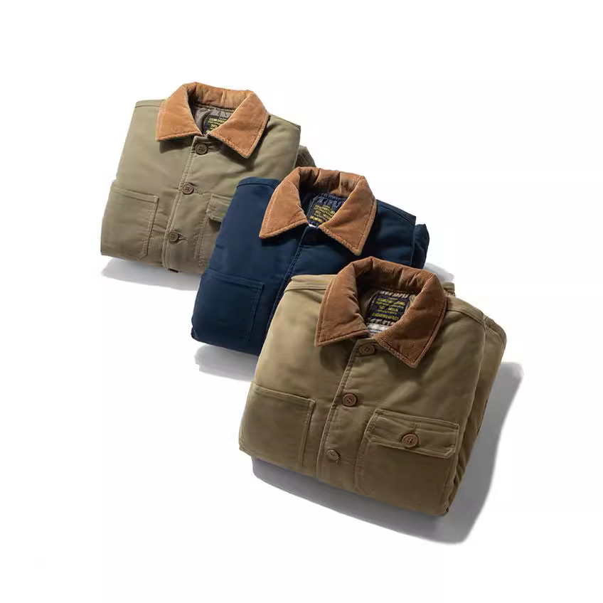 OKONKWO American retro mole cuero engrosado multi-bolsa acolchada ropa de trabajo chaqueta de pana color a juego abrigo de algodón