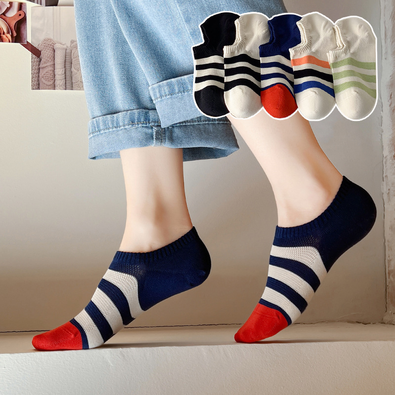 Socks women's socks cotton socks mesh breathable summer sweat-absorbent preppy style women's non-slip heel striped invisible boat Socks