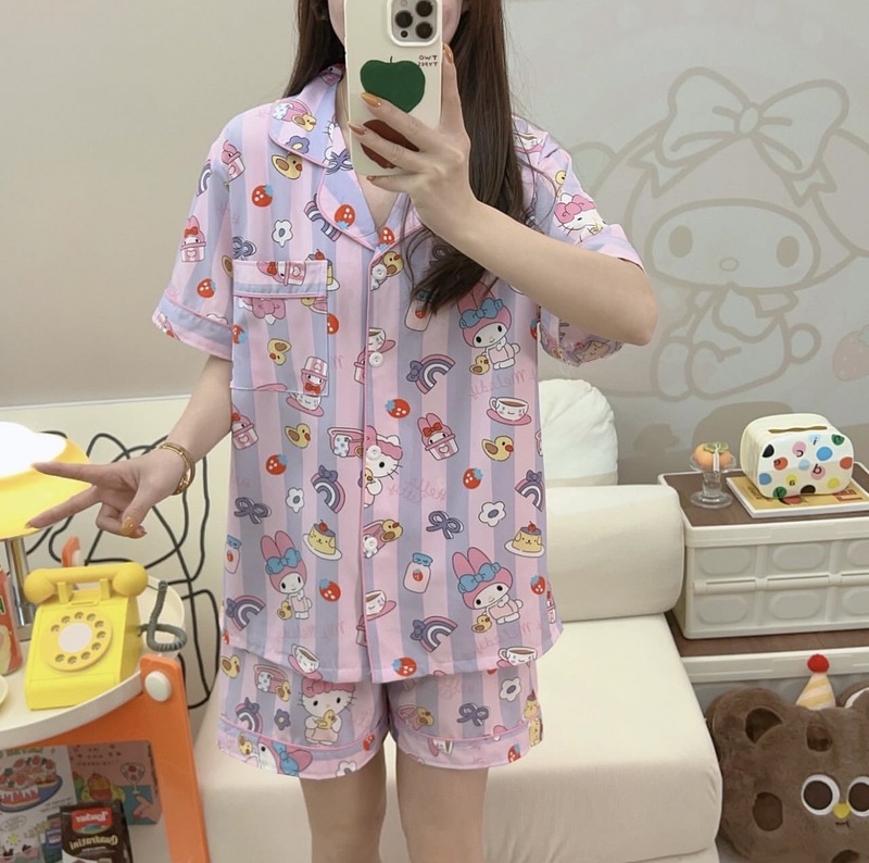 東南アジア日本の漫画薄いパジャマ女性のための 2025 夏の新しいストライプホーム服ツーピーススーツ外国貿易|undefined