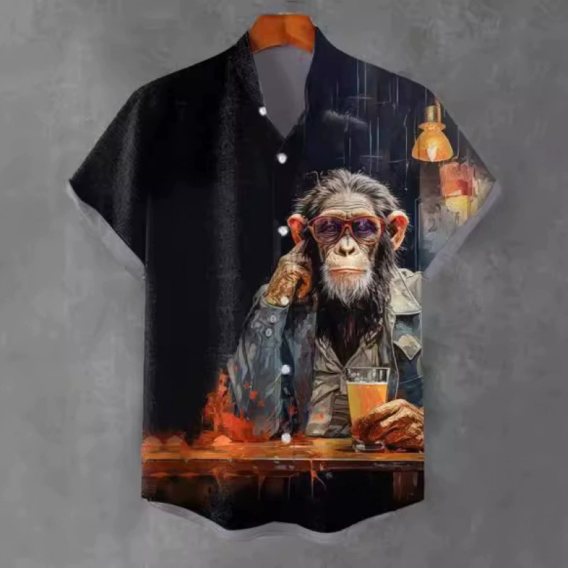 Мужская рубашка с короткими рукавами и воротником-стойкой в ​​модном дизайне, с забавным 3D-цифровым принтом кота, молодежная и модная.